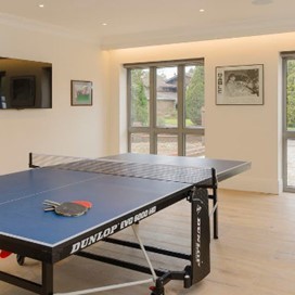 A games room with a table-tennis table, large wall-mounted TV, a leather sofa and two sets of folding doors
