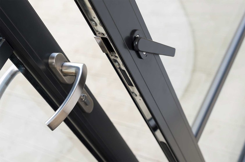 Close view of Origin bifold door steel handles